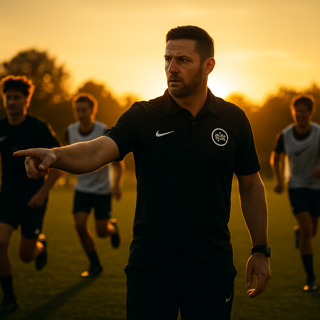 Entrenador profesional de fútbol entrenando a jóvenes atletas al atardecer