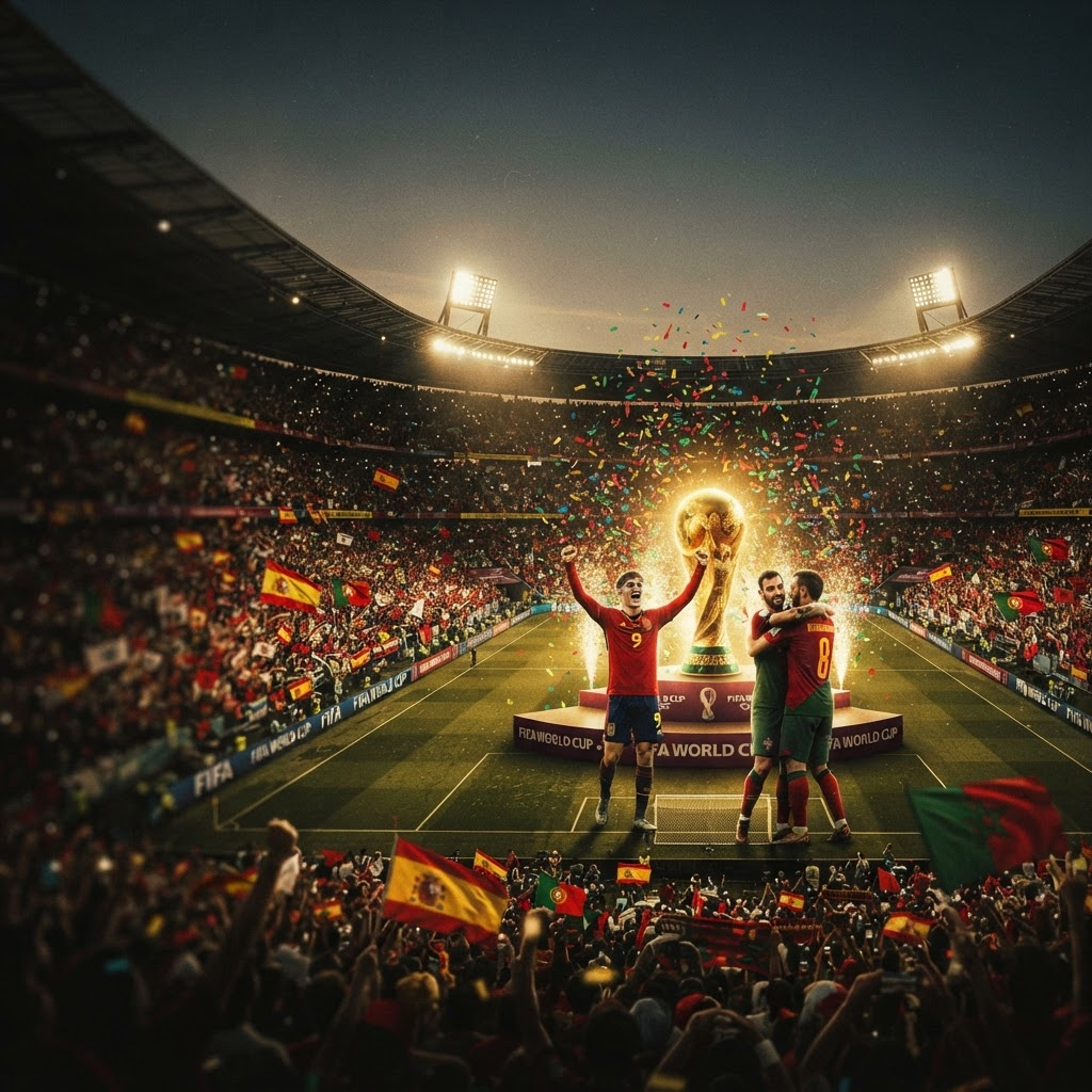 Estadio del Mundial 2030 al atardecer con trofeo y banderas